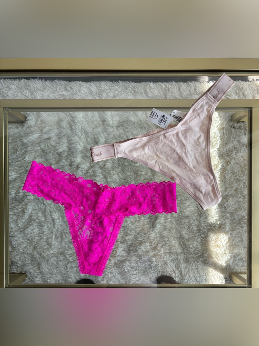 Victoria's Secret Pink Lace Thong Set in Hot Pink and Light Blush size medium